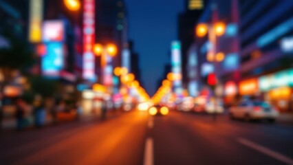 Fototapeta premium Vibrant City Streetscape at Night with Blurry Neon Lights and Traffic