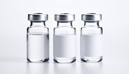 Three clear glass vials with blank white labels, arranged in a row against a plain white background.