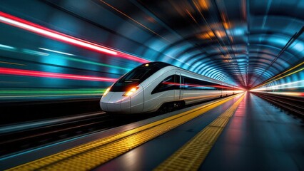 Fototapeta premium High Speed Futuristic Train Traveling Through a Lit Up Tunnel at Incredible Velocity