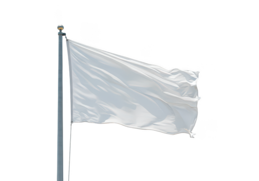 A white flag gently waving on a flagpole isolated on transparent background