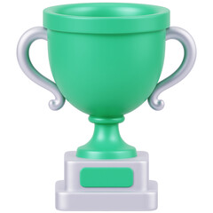 Green trophy cup 3d render icon in cartoon plastic style minimal isolated on transparent white background, clipping path	
