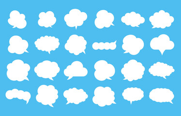  Cloud speech bubble set. Abstract white cloudy text box collection isolated on blue background. Vector illustration