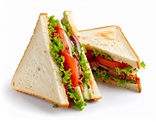 Triangle sandwich with meat, tomato, lettuce, cucumber, and sauce on white background.