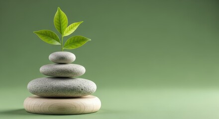Photo of a stack of balanced stones with green leaves sprouting from the top sits on a green background
