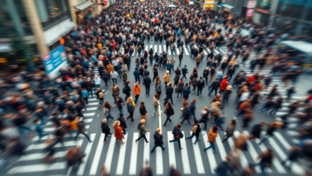 Blurry overhead view of a dense crowd crossing a busy city street intersection