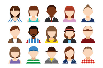 Diverse Avatar Icons: A collection of diverse avatar icons represents a variety of individuals, ideal for various digital and design applications.