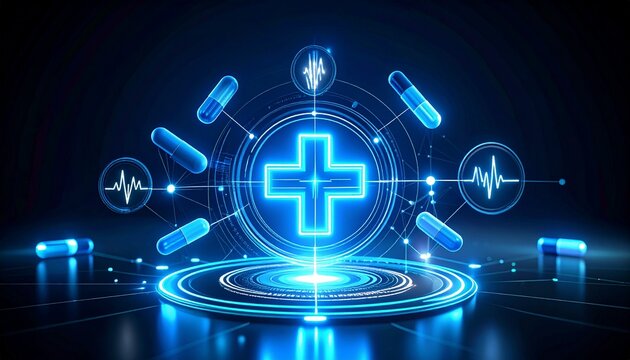 Digital illustration of a glowing blue cross surrounded by medical elements and capsules, representing healthcare technology.