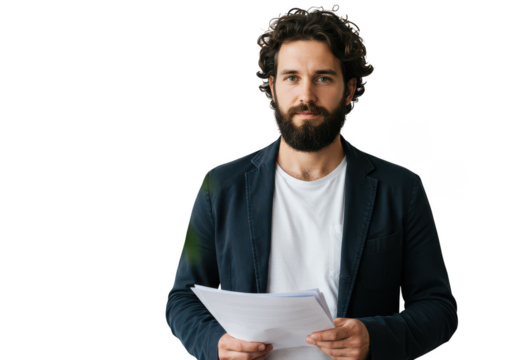 Bearded man in a dark blazer holding documents isolated on transparent background