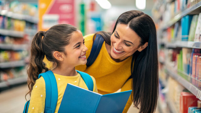 Back to school educator shopping. Mother daughter backpack book school shopping happy education store,kids uniform and backpack,student returning school,new year education ,children in classroom