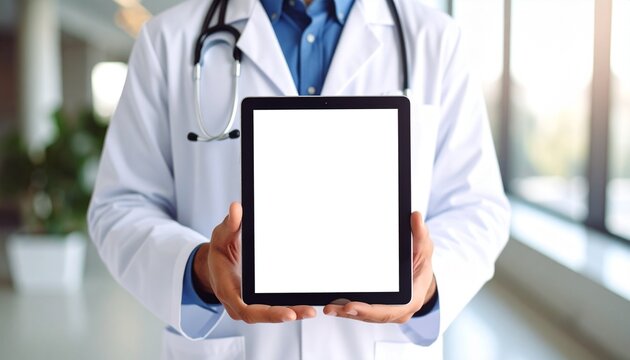 Doctor holding a blank tablet in a hospital setting, showcasing modern medical technology.