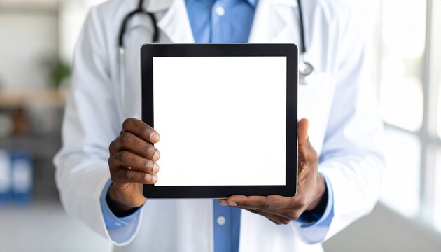 A doctor holds up a tablet computer with a blank screen, showcasing modern medical technology.