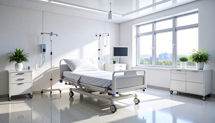 Bright, sterile hospital room with an empty bed, medical equipment, and a large window showing a cityscape.