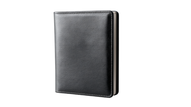 Black leather passport cover with isolated, transparent background