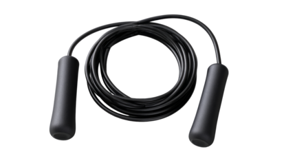 Minimalist black jump rope with isolated, transparent background