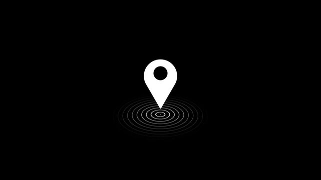 Location indicator and location icon animation. GPS icon in white color on black screen background.