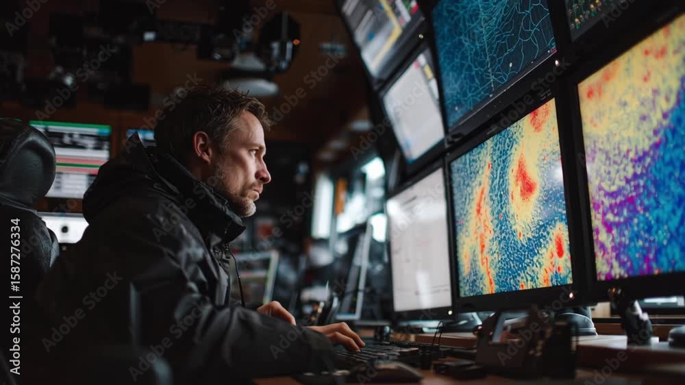 Poster scientist is working at his desk, analyzing complex data displayed on several monitors, suggesting a