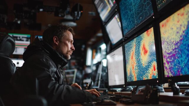 Scientist is working at his desk, analyzing complex data displayed on several monitors, suggesting a high tech environment related to research, monitoring, or control operations - Powered by Adobe
