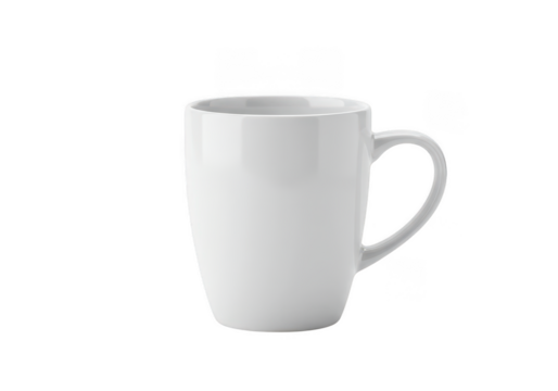 A clean white ceramic mug with a curved handle isolated on transparent background