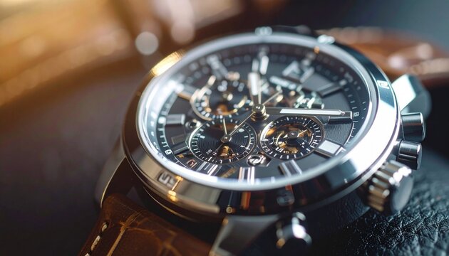 Close-up view of a sophisticated chronograph wristwatch with intricate details.