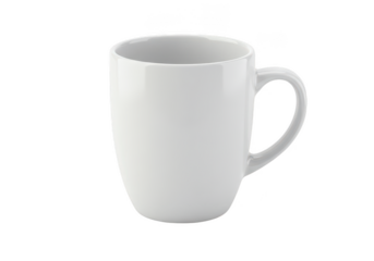 A clean white ceramic mug with a comfortable handle isolated on transparent background
