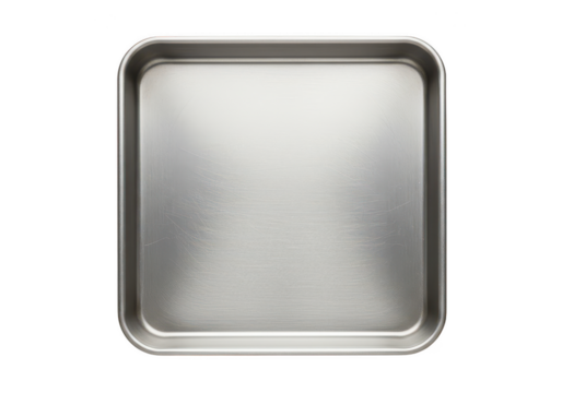 A clean metal baking tray with rounded corners isolated on white background
