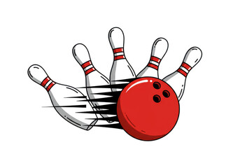 Red bowling ball striking pins with motion blur isolated on white background