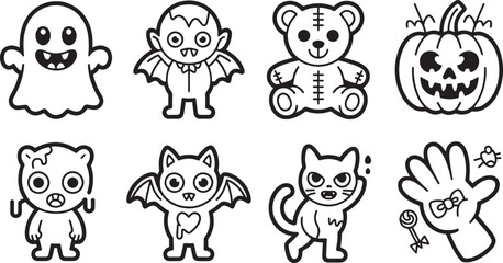 Adorable Halloween Line Art Icon Set with Ghost Vampire Teddy Bat Cat Hand and Spider Elements