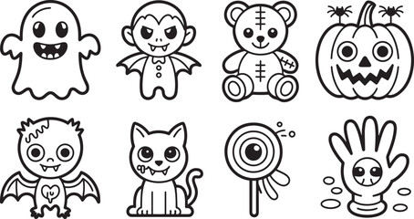 Cute Halloween Line Art Icon Set with Ghost Vampire Teddy Pumpkin Bat Cat Lollipop and Hand