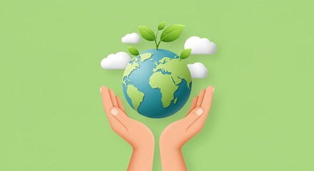 Holding Earth Globe with Sprout and Clouds on Green Background