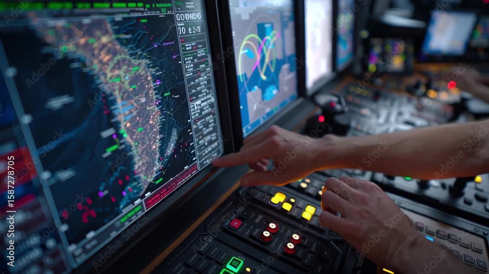 Aufkleber high tech control room featuring multiple screens displaying detailed maps and data visualizations, 