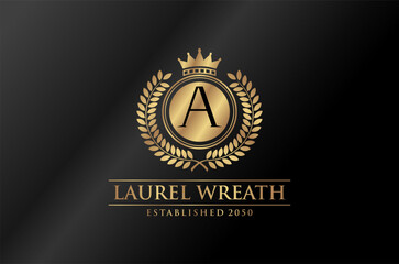 Fototapeta premium A luxurious logo featuring a golden laurel wreath, crown, and letter A. Perfect for business branding.