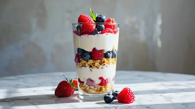 Delicious berry parfait with granola and yogurt, a healthy and refreshing treat.