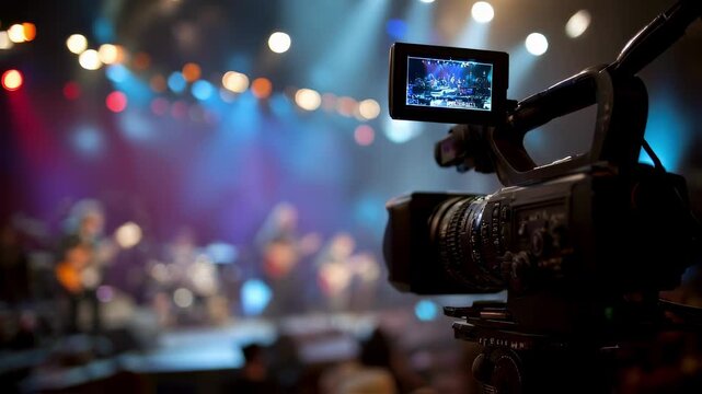 Professional digital video camera is recording a tv show with blurred presenters and musicians on the stage as background