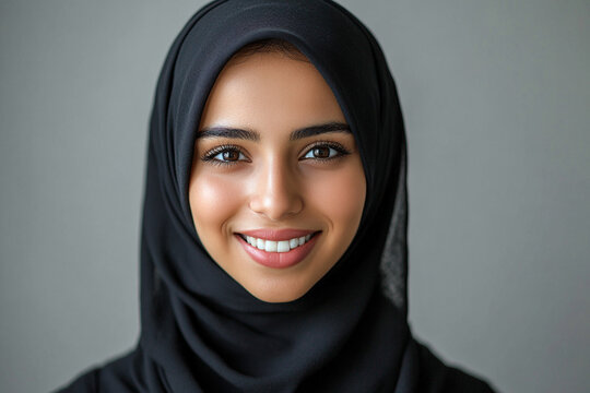Portrait of a smiling Arab middle eastern woman in black hijab, isolated on transparent background - Powered by Adobe