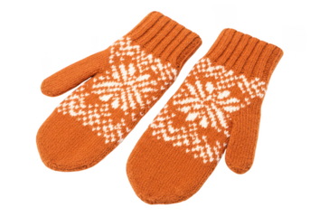 Cozy orange knitted mittens with snowflake pattern isolated on transparent background
