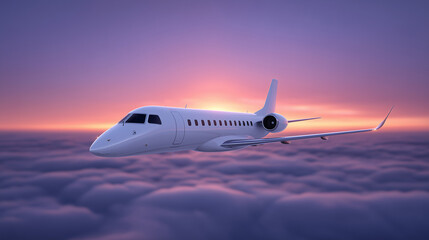 Private Jet Flying Above Clouds at Sunset for Luxury Travel