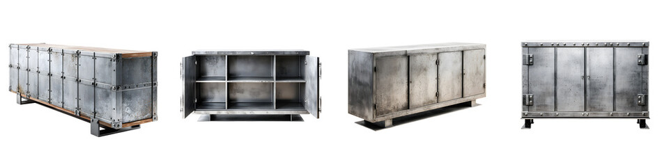 Collection of Vintage Industrial Metal Cabinets on White Background