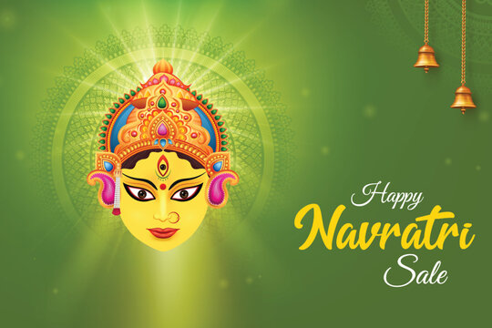 Goddess Durga On Green Background With Hanging Bells. Shubh Navratri Sale Indian Hindu Festival Concept For Greetings, Poster, Banner Etc.