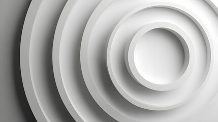 Obraz premium Concentric randomly offset white rings or circles steps fading out background wallpaper banner, close up flat lay top view from above. abstract modern minimal white background