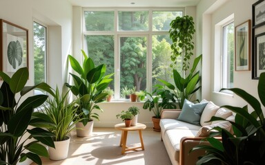 Fototapeta premium Modular ADU concept. Bright sunlit room filled with lush indoor plants and cozy seating.