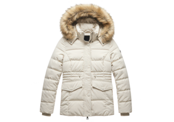 Cream puffer jacket with fur trimmed hood isolated on transparent background