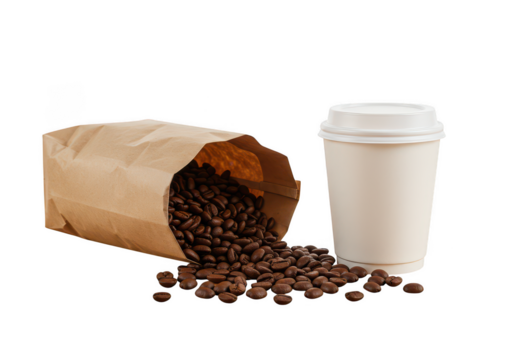 Paper coffee cup and spilled roasted coffee beans from a bag isolated on transparent background