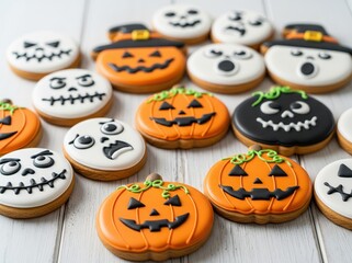 Halloween pumpkin cookies set on wood