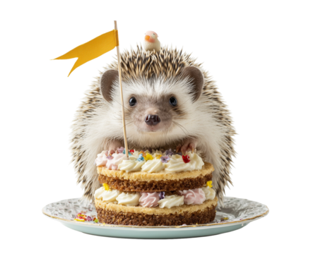 Hedgehog with cake and flag topper
