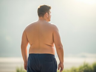 Man with fuller physique facing away under soft light indoors, promoting body acceptance and confidence