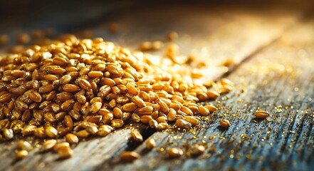 Close up of golden wheat grains scattered on a rustic wooden surface with sparkling glitter and soft bokeh background