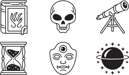 Halloween Line Art Icon Set with Spell Book Skull Telescope Hourglass Mystic Mask and Planet