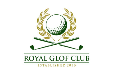 Golf club logo with golf ball, and crossed clubs.