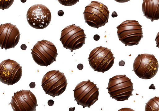 Assortment of gourmet dark chocolate truffles with decorative toppings isolated on transparent background