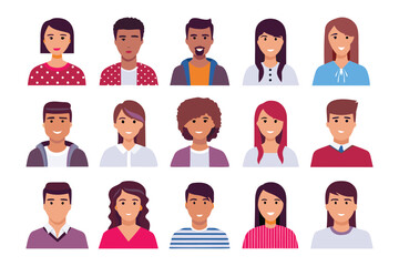 Diverse Avatar Collection: A vibrant and inclusive array of stylized people avatars, showcasing a range of expressions and appearances, perfect for representing a variety of individuals or groups.